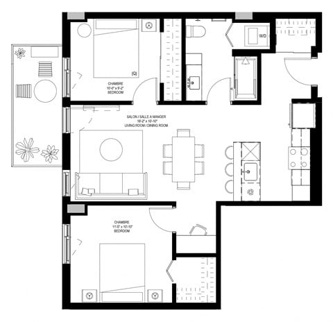 Floor plan for 2 beds, 1 bath, 797 sqft